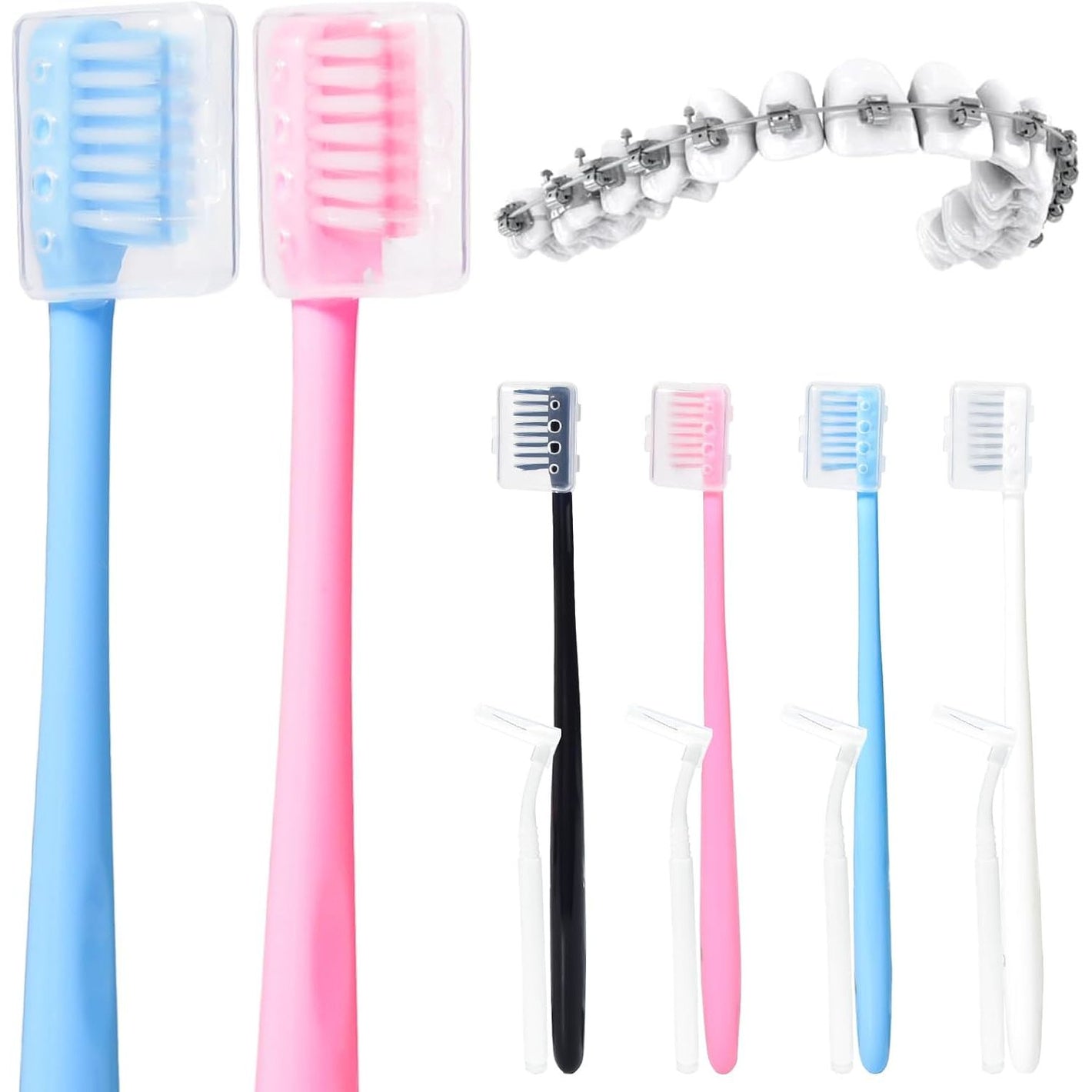 Y-Kelin V-Shaped Orthodontic Toothbrush for Braces Brackets 4 Count (Pack of 1) Soft Bristle with Inter Dental Brush