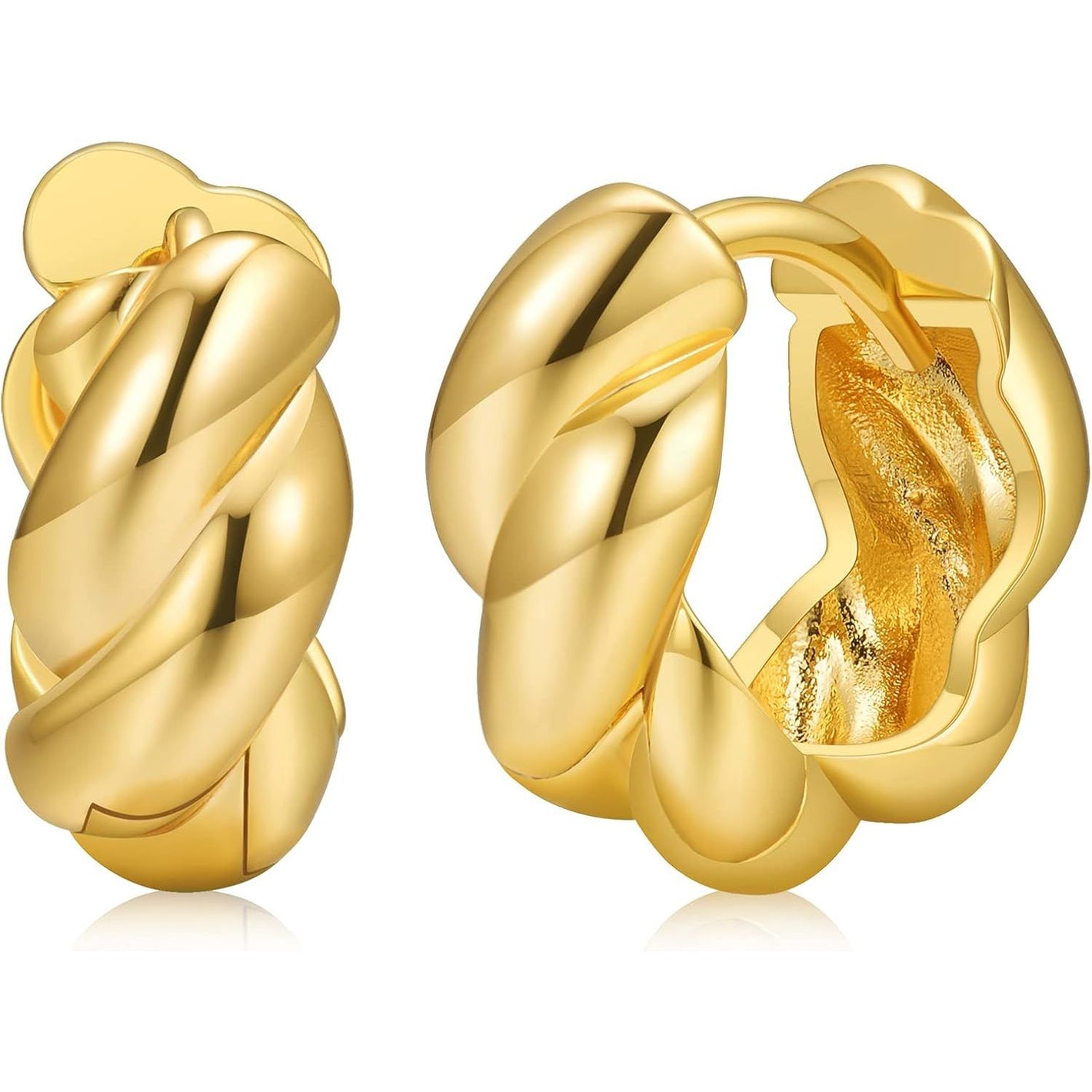 Small Huggie Hoop Earrings For Women, Real Gold Plated Croissant Square Round Earrings Lightweight Everyday Jewelry Hypoallergenic for Sensitive Ears