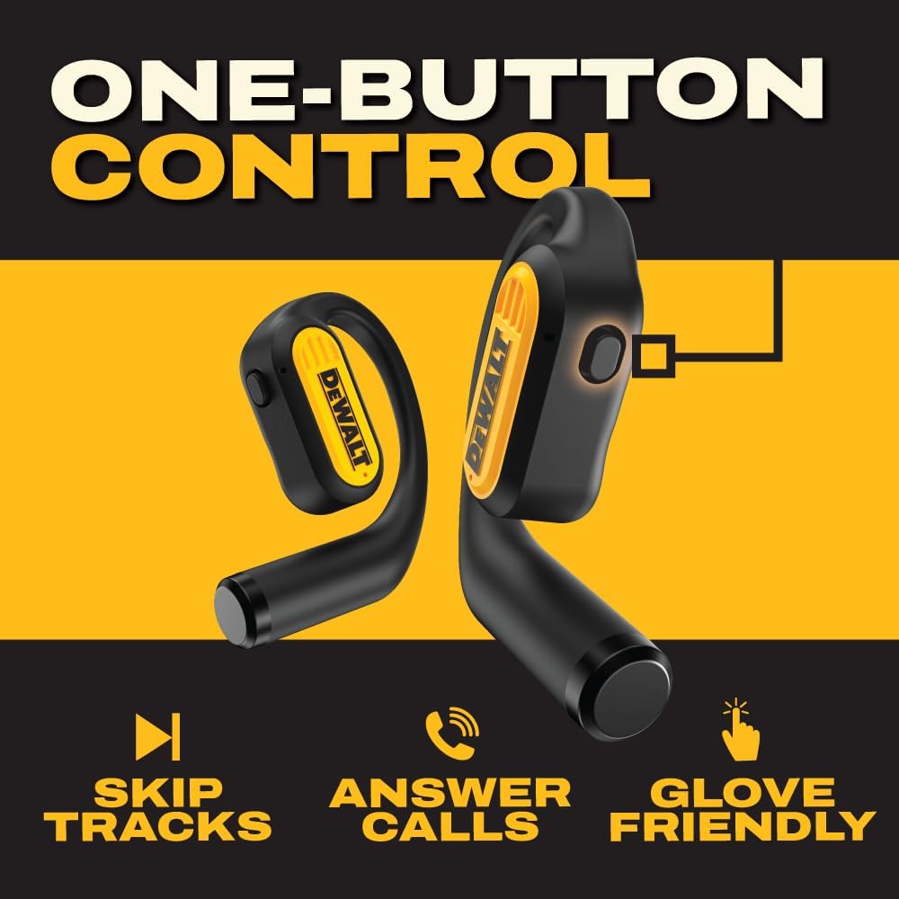 Buy now DEWALT Heavy Duty Open Ear Headphones, Bluetooth 5.3 Wireless Earbuds IP55, 44Hrs Runtime, Jobsite Premium Sound True Wireless Air Conduction Open Ear Earbuds with Earhooks for Worksites and Workouts at indiglob india