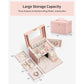 Vlando Jewelry Box Organizer for Girls Women, Large Baroque Jewelry Holder Organizer with Mirror, 3 Drawers for Bracelets, Earrings, Rings, Necklaces, Mothers Day for Loved One, Pink