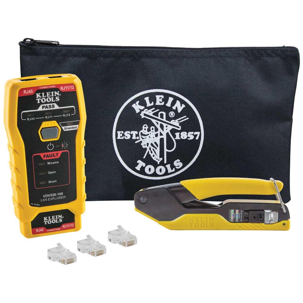 Buy now Klein Tools VDV026-813 RJ45 Ethernet Cable Tester and Crimper Kit, Pass-Thru Technology, Includes Connectors for Cat5e / CAT6 Data Applications, Pack of 50 at indiglob india