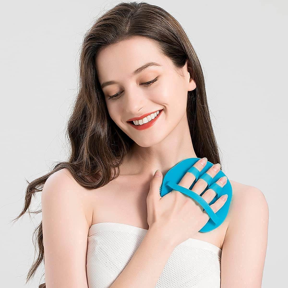1 Pack Pure Silicone Food-grade Body Brush Shower Cleansing Scrubber Gentle Exfoliating Glove Soft Bristles (Blue) - My Store