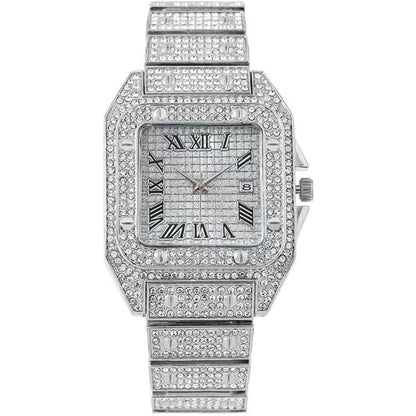 MINILUJIA Luxury Mens Crystal Watch Fashion Full Bling Iced Out Rhinestone Quartz Analog Watch Men Women Hip Hop Big Dial Square Wristwatch