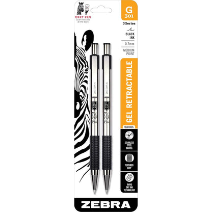Zebra Pen G-301 Retractable Gel Pen, 0.7mm Medium Point, Stainless Steel Barrel, Ideal for Office Supplies, School Supplies & Teacher Supplies, Blue Ink, 2-Pack (41322)