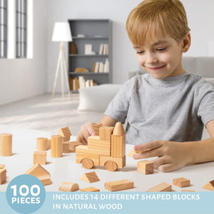 Buy now Wooden Blocks Set - 100 Pc Natural Colored Wood Building Block Toys- 100% Real Wood, 14 Different Shapes, Great Gift for Kids or School Project, Hands On Indoor Activity Play- Build, Stack and Create at indiglob india