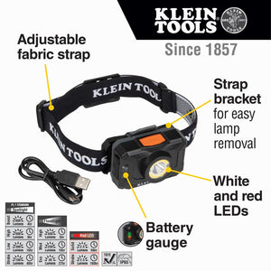 Buy now Klein Tools 56414 Rechargeable 2-Color LED Headlamp, Fabric Strap, Spotlight, Floodlight, Red LED, 800 Lumens, USB Cable, Camping, Running at indiglob india