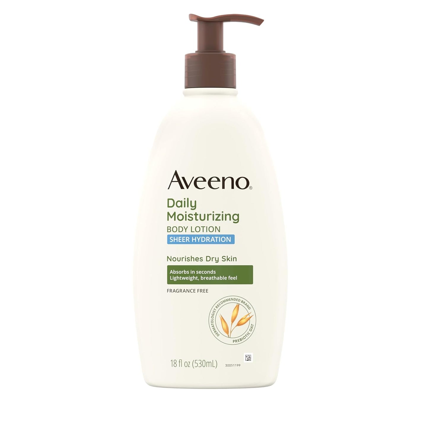 Aveeno Sheer Hydration Daily Moisturizing Fragrance-Free Lotion with Nourishing Prebiotic Oat, Fast-Absorbing Body Moisturizer for Dry Skin with Lightweight, Breathable Feel, 18 fl. oz