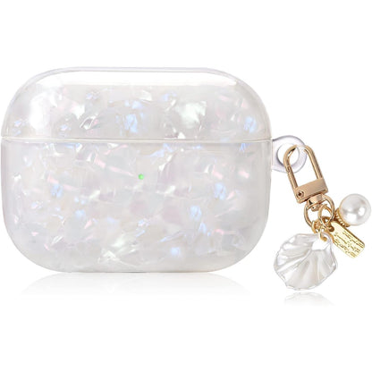 Cute AirPods Pro Case with Shell Pearl Keychain Bling Marble Design Hard TPU Cover Comparable with AirPod Pro Case for Girls and Womens