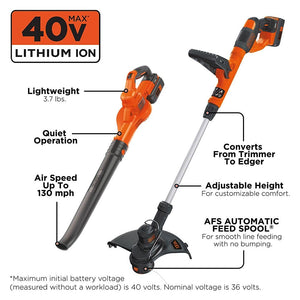 Buy now BLACK+DECKER 40V Max 13 In. String Trimmer Edger and Leaf Blower Cordless with Battery and Charger, Sweeper and Weed Wacker Combo Kit, Low Noise Design, Charge Indicator (LCC340C) at indiglob india