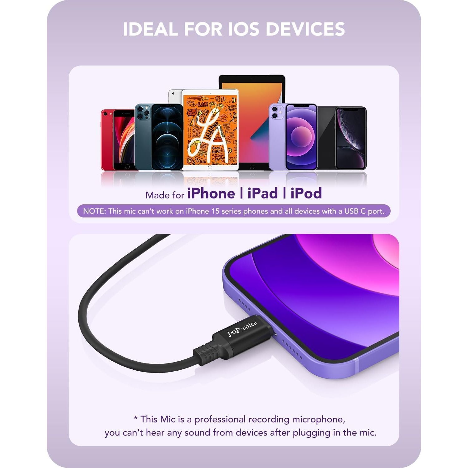 Buy now PoP voice Microphone Professional for iPhone Lavalier Lapel Omnidirectional Microphone for iPad, iPod, Condenser Mic for iPhone Audio & Video Recording, YouTube, Interview, Podcast, Vlogging(6.6 Feet) at indiglob india