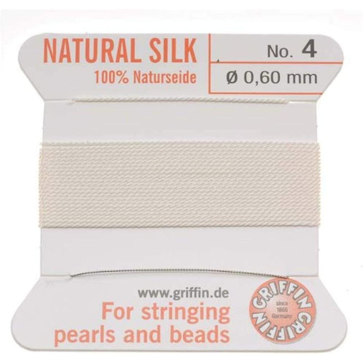 Griffin Silk Beading Cord and Needle, Size 4, White