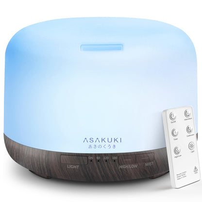 Buy now ASAKUKI Essential Oil Diffuser 500ml, Ultrasonic Aromatherapy Humidifier with Remote Control, 7 LED Colors, Timer & Auto-Off, Large Room Diffuser (Dark Brown) at indiglob india