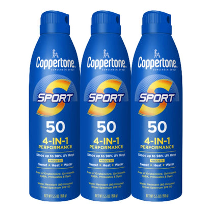 Coppertone Sport Sunscreen Spray SPF 50, Sweat, Heat and Water Resistant Sunblock, Lightweight, Oxybenzone Free, Spray Sunscreen Bulk Pack, 5.5 Oz Bottle, Pack of 3 (Packaging May Vary)