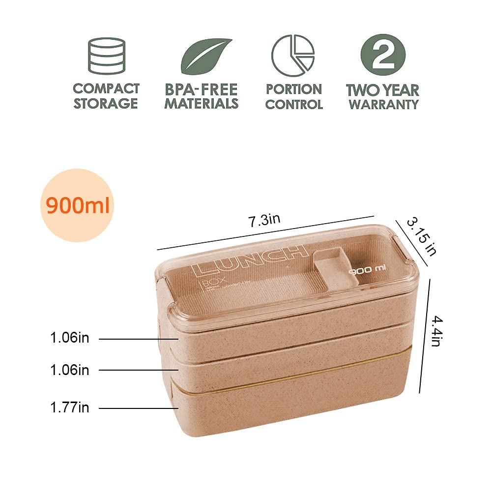 Buy now Iteryn Bento Adults Lunch Box, Stackable Bento Box, 3-In-1 Compartment - Wheat Straw, Leakproof Bento Lunch Box Meal Prep Containers at indiglob india