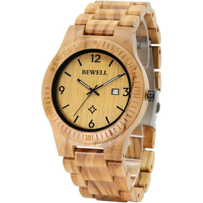BEWELL ZS-W086B Wooden Watch Men Gifts Handmade Date Display Quartz Movement Analog Lightweight Wood Wrist Watches