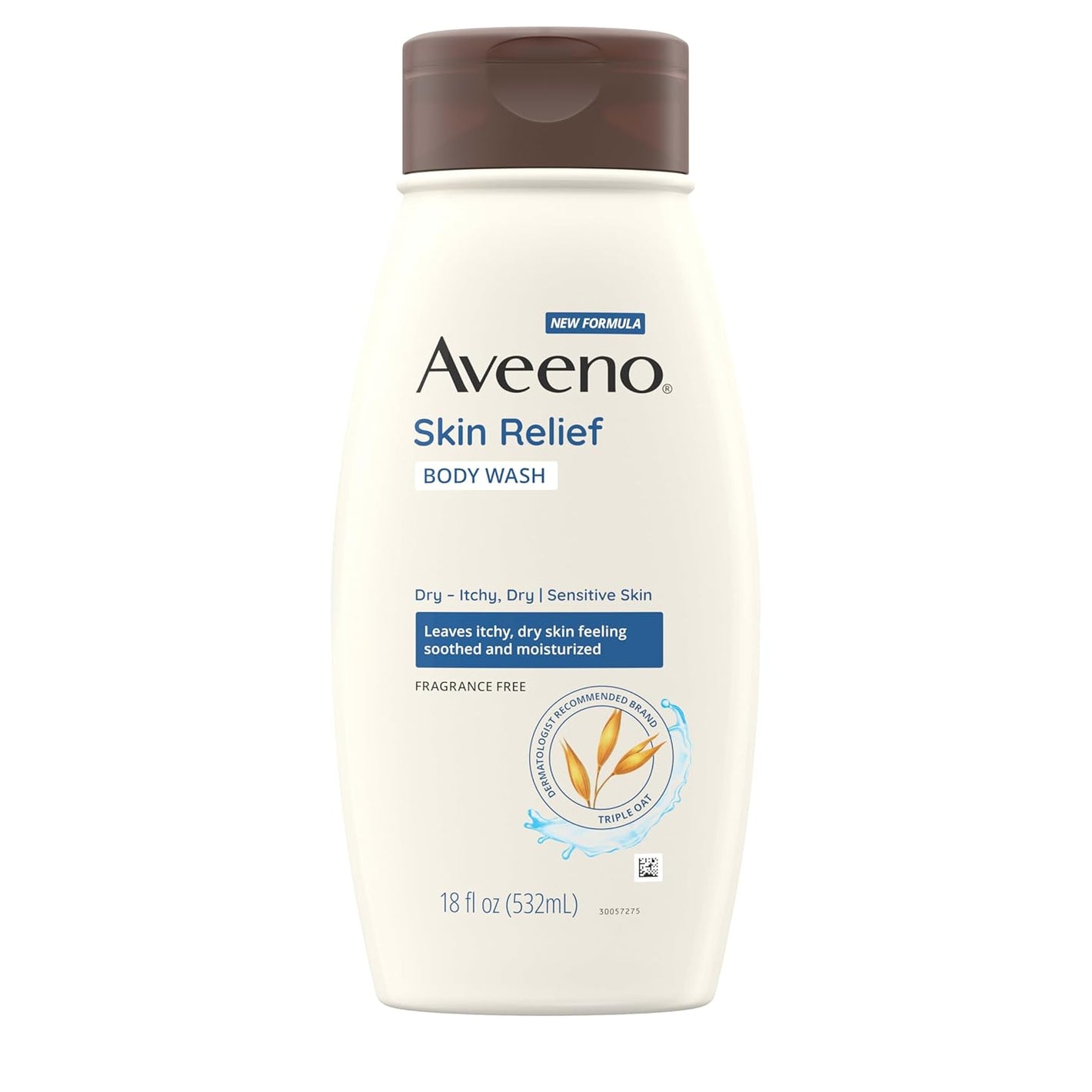 Aveeno Skin Relief Body Wash, Fragrance-Free with Triple Oat Formula, Gentle Daily Cleanser for Sensitive Skin Leaves Itchy, Dry Skin Feeling Soothed & Moisturized, Soap-Free, 18 fl. oz