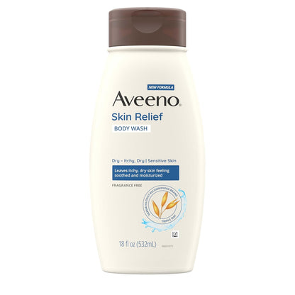 Aveeno Skin Relief Body Wash, Fragrance-Free with Triple Oat Formula, Gentle Daily Cleanser for Sensitive Skin Leaves Itchy, Dry Skin Feeling Soothed & Moisturized, Soap-Free, 18 fl. oz
