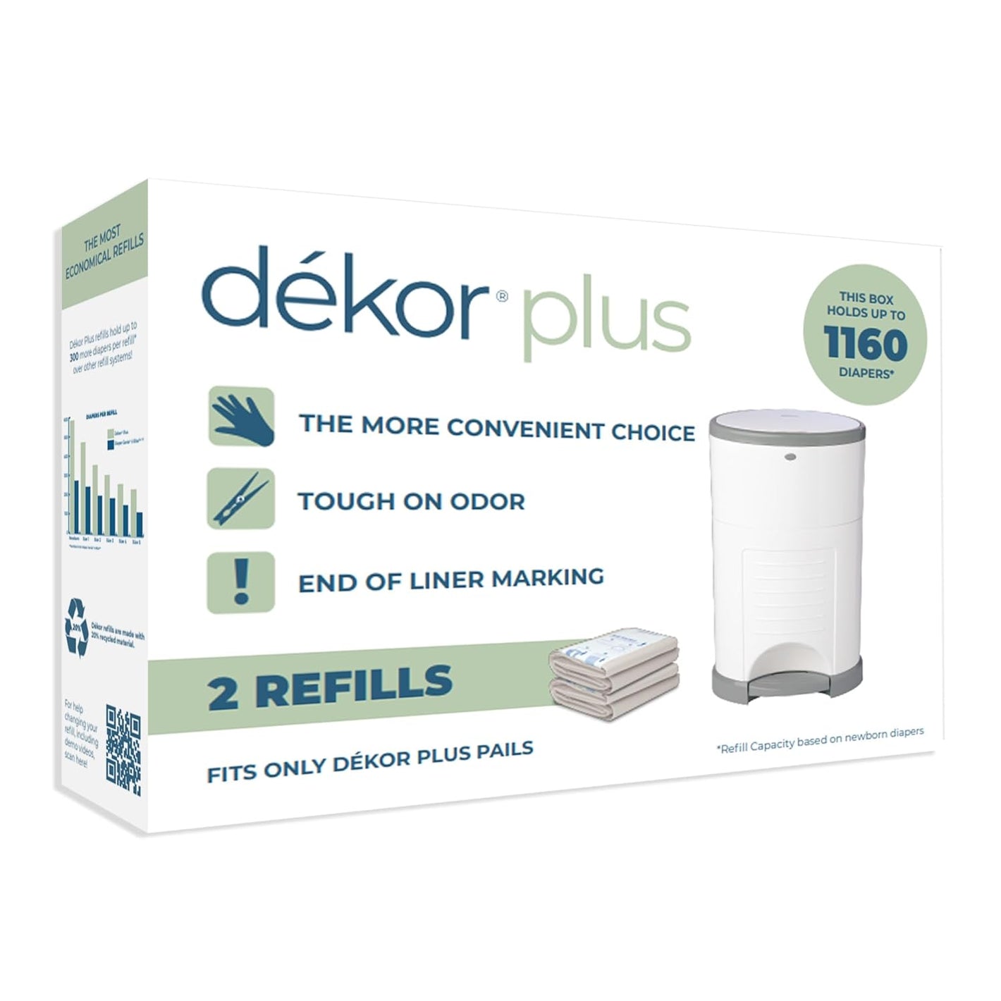 Diaper Dekor Plus Diaper Pail Refills | 2 Count | Most Economical Refill System | Quick & Easy to Replace | No Preset Bag Size Use Only What You Need | Exclusive End-of-Liner Marking