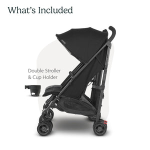 Buy now UPPAbaby G-Link V2 Double Umbrella Stroller / Lightweight Design / One-Step Fold + Recline / XL Basket + Canopy / Cup Holder Included / Jake (Black/Carbon Frame) at indiglob india