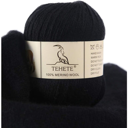 TEHETE 100% Merino Wool Yarn for Knitting 3-Ply Luxury Warm Soft Lightweight Crochet Yarn (Black)