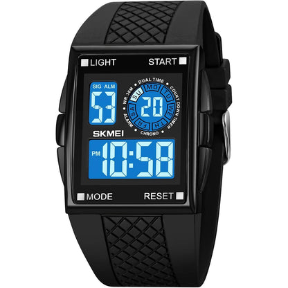 FANMIS Men's Rectangle Dial Sports Wrist Watches with 7 Colors Optional LED Backlight Multifunctional Alarm Stopwatch 12/24H Rubber Strap Watch