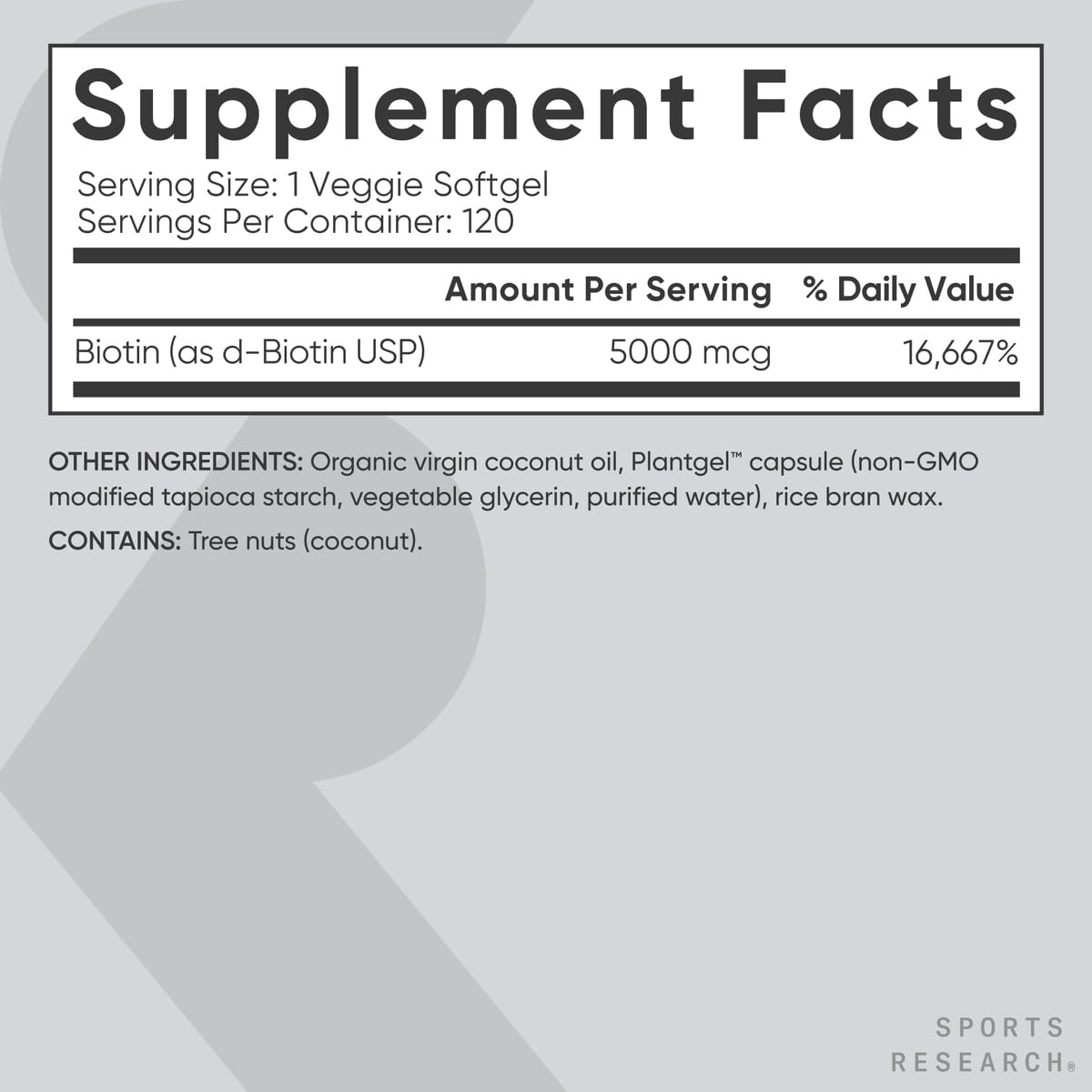 Buy now Sports Research® Biotin 5,000mcg with Organic Coconut Oil - Biotin (Vitamin B7) for Healthy Skin and Hair Support* - for Women and Men - Vegan, Non-GMO, Gluten & Soy-Free - 120 Veggie Softgels at indiglob india