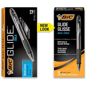 BIC Glide Bold Black Ballpoint Pens, Bold Point (1.6mm), 12-Count Pack, Retractable Ballpoint Pens With Comfortable Full Grip
