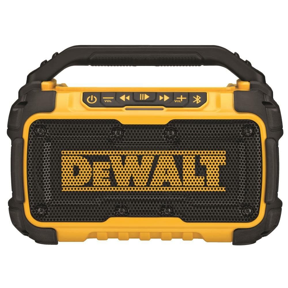 Buy now DEWALT 20V MAX Bluetooth Speaker, 100 ft Range, Durable for Jobsites, Phone Holder Included, Lasts 8-10 Hours with Single Charge (DCR010) at indiglob india