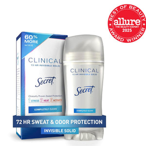 Secret Clinical Strength Antiperspirant Deodorant for Women, 3X Stress Protection, 72hr Sweat & Odor Protection, PH Balancing Minerals, Invisible Solid, Completely Clean Scent, 2.6 oz