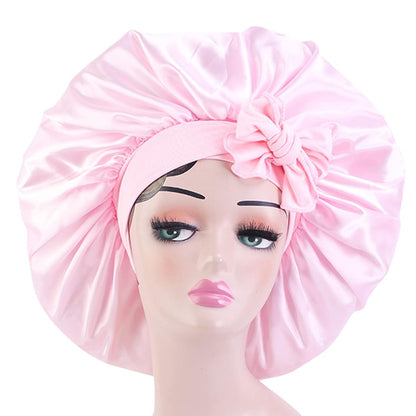 Satin Bonnet Silk for Hair Sleeping: Women Tie Bonnets Adjustable Night Cap Jumbo Size Comfortable Wide Band for Braids Curly Long Hair (Black)