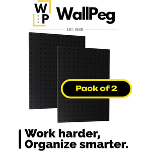 WallPeg 2 Black Pegboard Panels (24"x16" Each) with 36 Assorted Peg Hooks – Heavy-Duty Peg Board Garage Organizer Kit – Patented Flex-Lock Hooks – Made in USA Wall Storage System