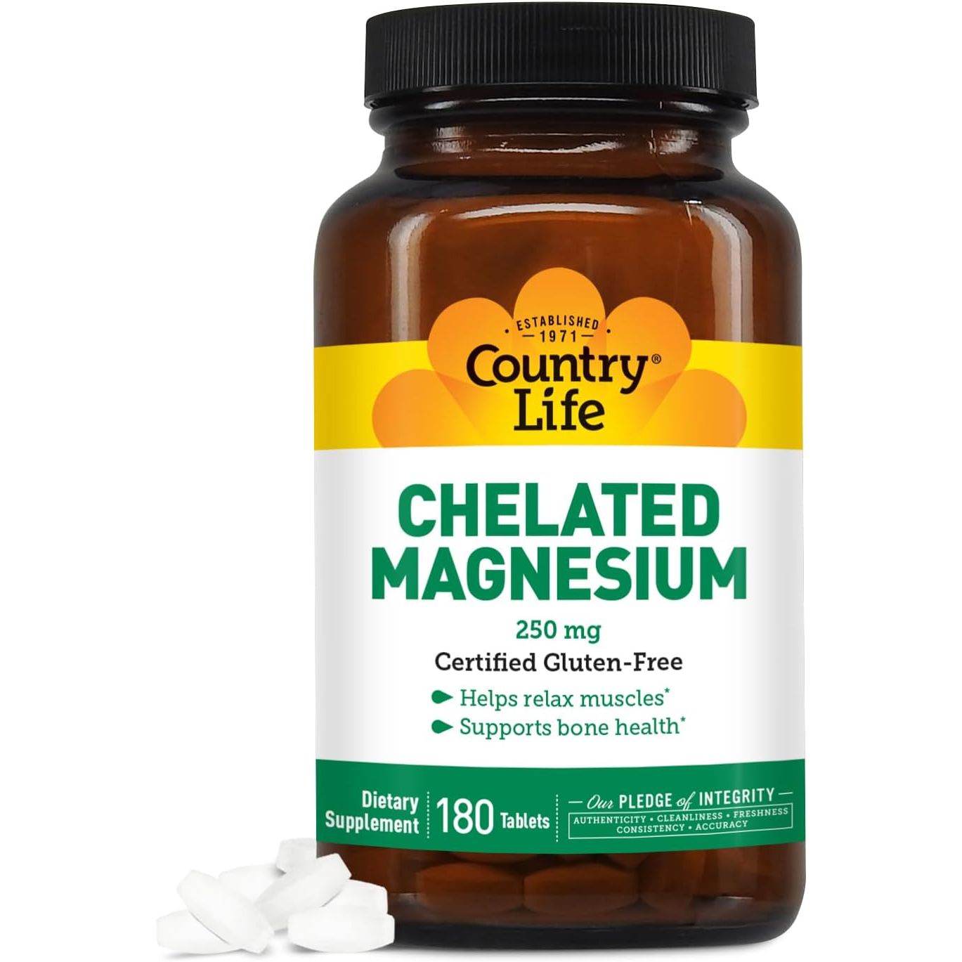 Country Life Chelated Magnesium 250mg - Supports Heart, Bone & Muscle Health, Vegan-Friendly Magnesium Supplement with Magnesium Oxide and Amino Acid Chelate, Gluten-Free