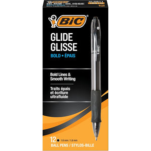 BIC Glide Bold Black Ballpoint Pens, Bold Point (1.6mm), 12-Count Pack, Retractable Ballpoint Pens With Comfortable Full Grip