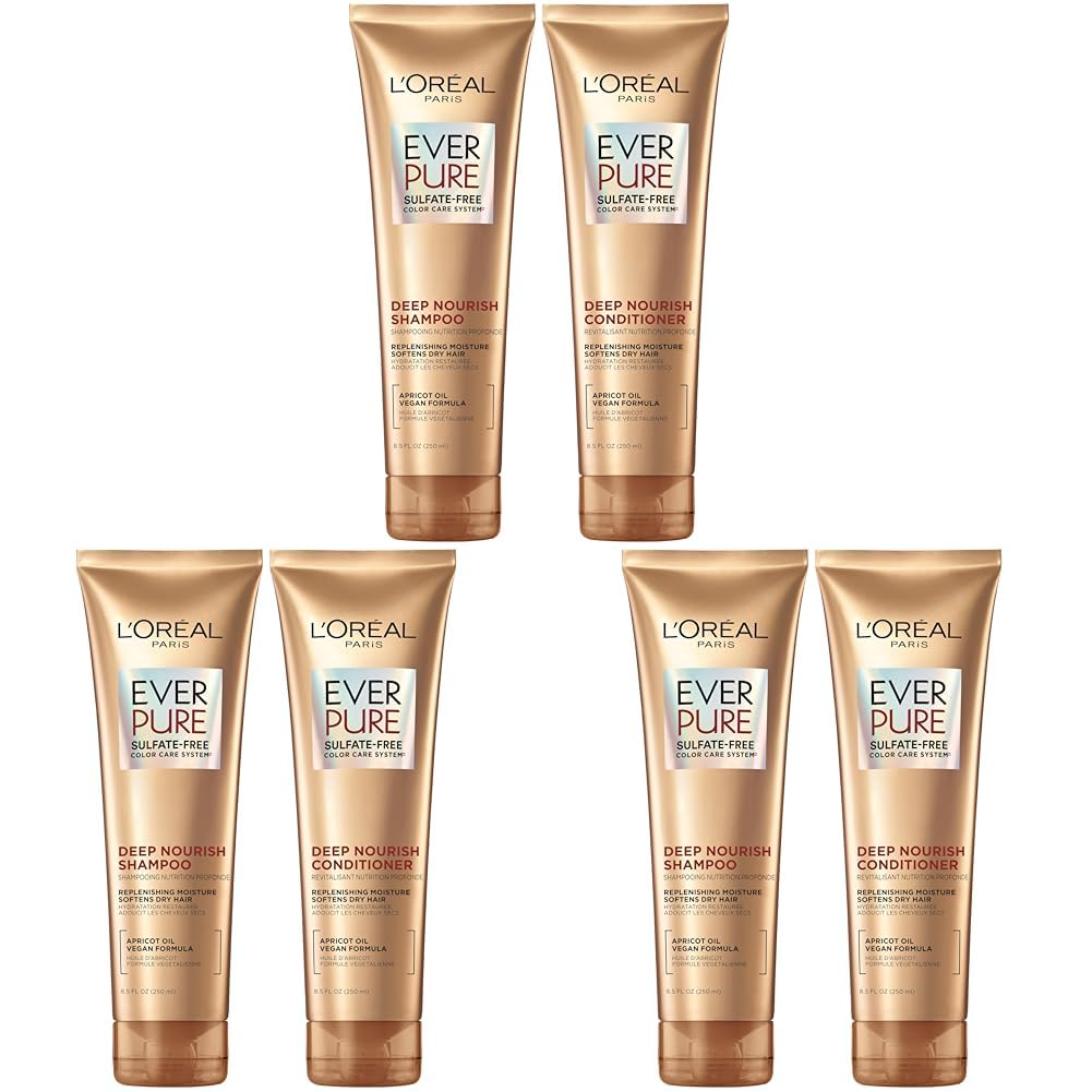 Buy now L'Oreal Paris Shampoo, Sulfate Free, Triple Action Hydration for Dry Hair, EverPure, 8.5 Fl Oz (Packaging May Vary), Damaged, Color-Treated Hair, Apricot Oil Infused, Deep Nourish Shampoo & Conditioner set 17 Fl Oz (Pack of 3) at indiglob india