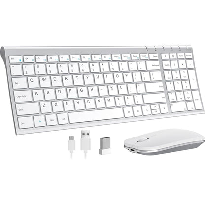 seenda Rechargeable Wireless Keyboard Mouse, Ultra Thin Low Profile Wireless Keyboard and Mouse with Number Pad, Quiet Portable Combo Compatible for Windows XP/7/8/10/11/11 Pro, Silver White
