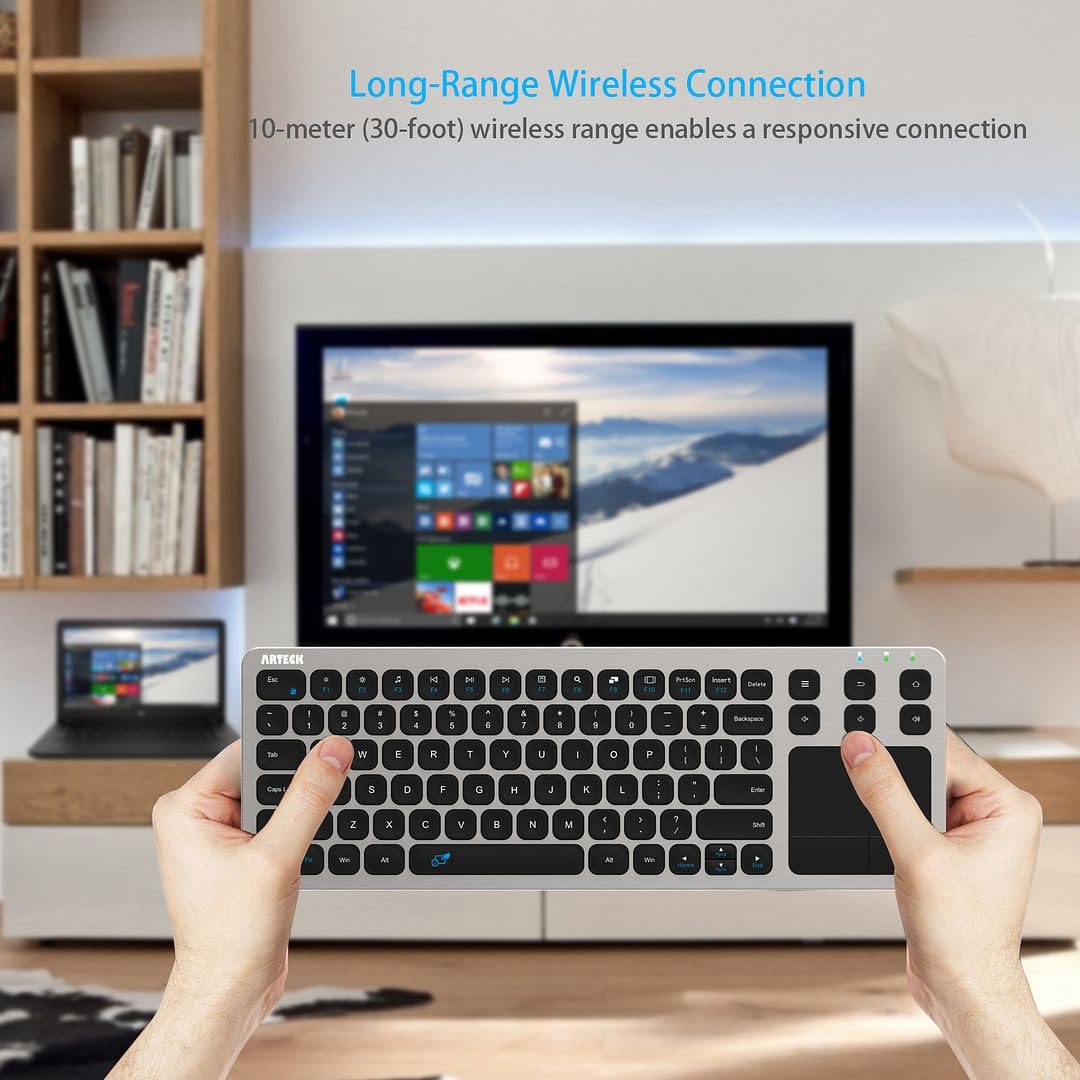 Buy now Arteck 2.4G Wireless Touch TV Keyboard with Easy Media Control and Built-in Touchpad Mouse Solid Stainless Ultra Compact Full Size Keyboard -Connected Computer, Smart TV, HTPC at indiglob india