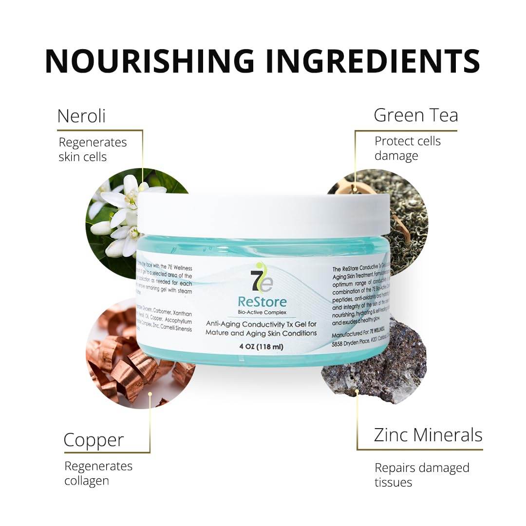 7E Wellness ReStore Conductive Microcurrent Gel with Bio-Active Complex - 4oz - Facial Skin Care with Green Tea Extract, Hyaluronic Acid & Collagen Peptides - Anti-Aging & Skin Tightening - My Store