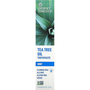 Desert Essence Tea Tree Oil Toothpaste - Mint - 6.25 Ounce - Refreshing Taste - Deep Cleans Teeth & Gums - Helps Fight Plaque - Sea Salt - Pure Essential Oil - Baking Soda - Promotes Healthy Mouth