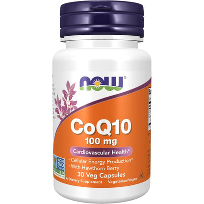 NOW Foods Supplements, CoQ10 100 mg with Hawthorn Berry, Pharmaceutical Grade, All-Trans Form produced by Fermentation, 30 Veg Capsules