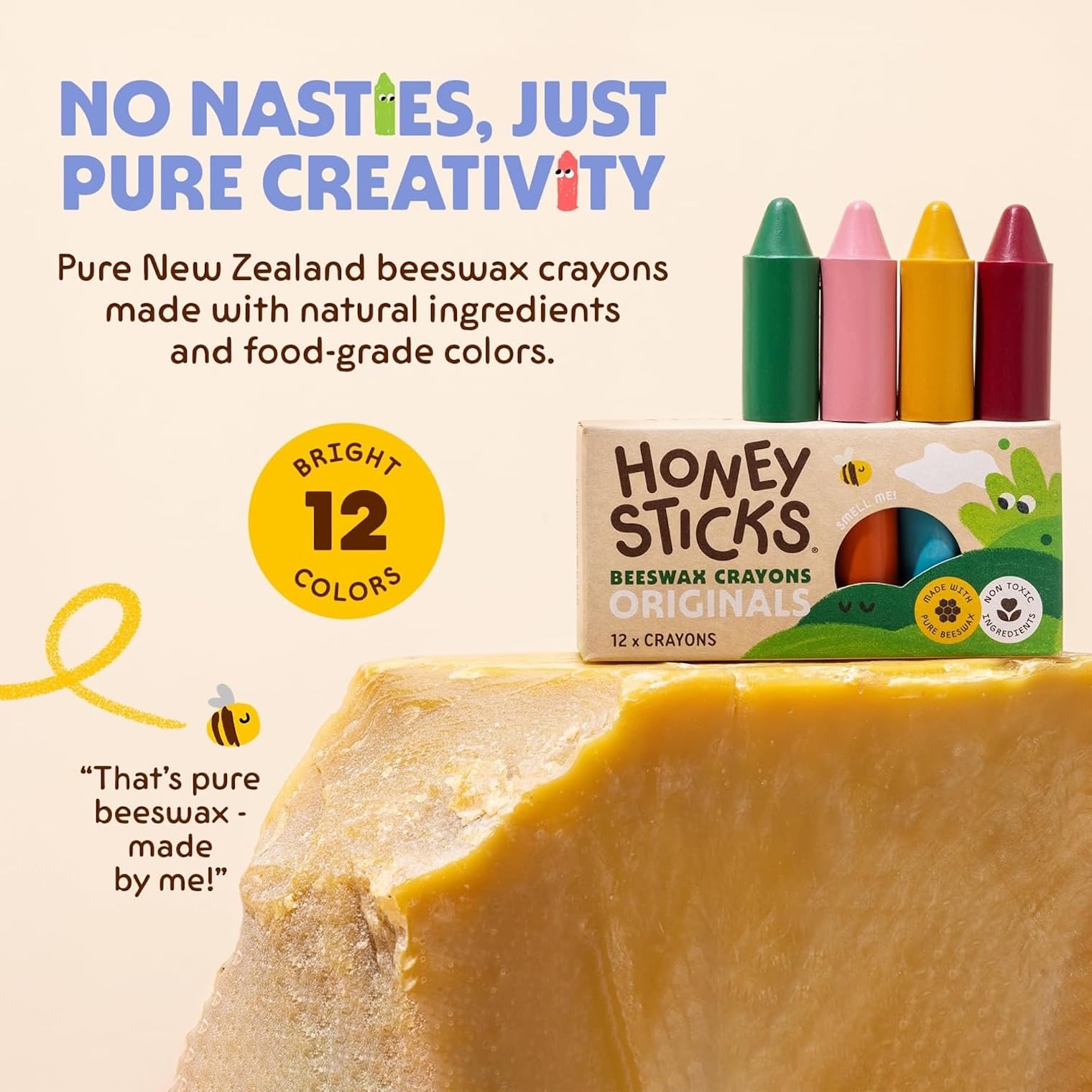 Buy now Honeysticks 100% Pure Beeswax Crayons (12 Pack) - Non Toxic Crayons for Toddlers 1-3, Safe for Baby from 1 Year Old Plus, Handmade with Natural Beeswax and Food-Grade Colors, Eco Friendly at indiglob india
