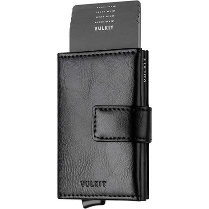 VULKIT RFID Card Wallet for Men, Slim Compact Men's Wallet, Leather RFID Blocking Credit Card Holder Wallet, Trifold Thin Metal Security Pop Up Wallet, Gift Box Packing