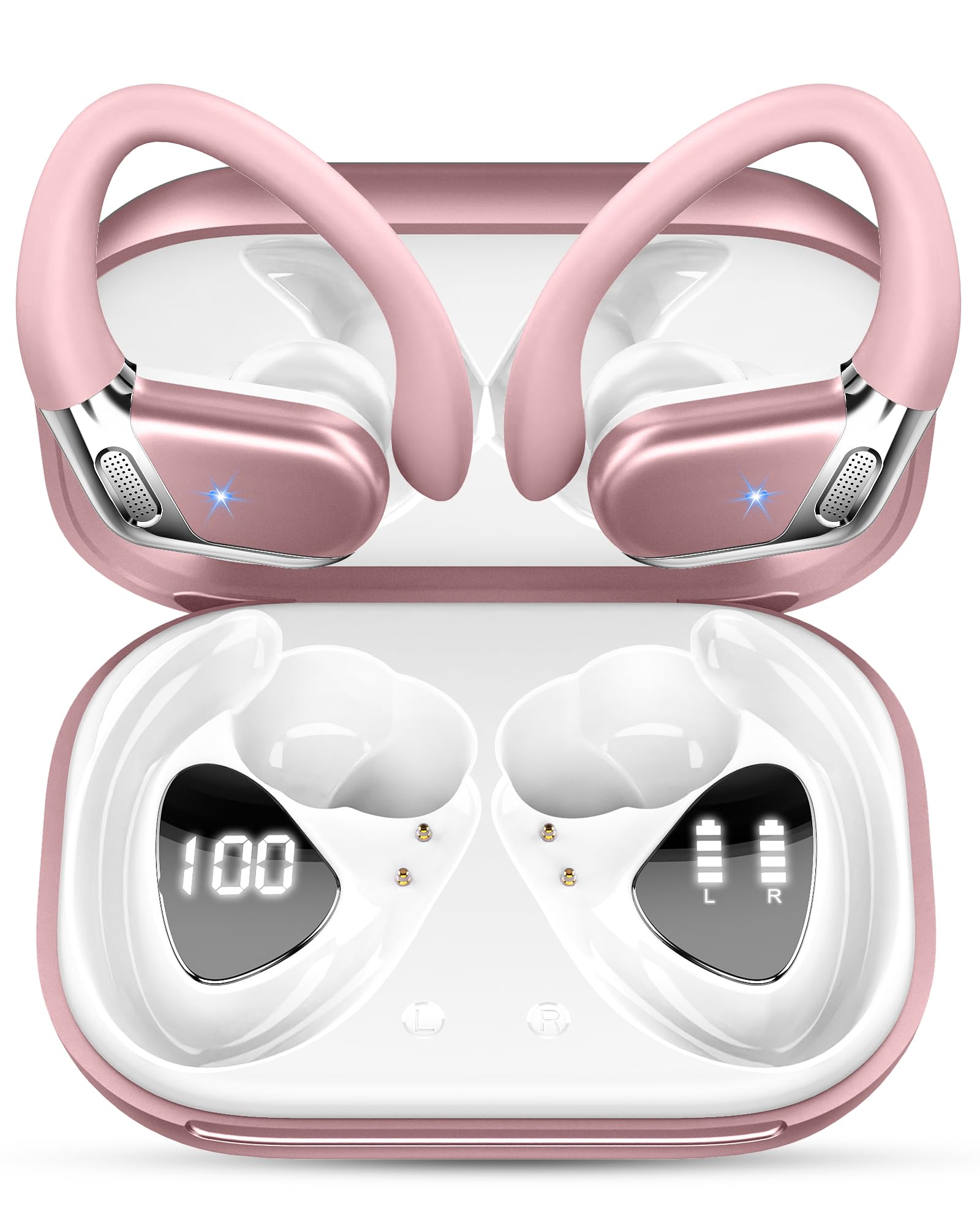 Buy now Ltinist Wireless Earbud, Bluetooth 5.3 Headphones Pure Bass Sound with Earhooks, 75H Battery Over Ear Headphones with Dual-LED Display, IP7 Waterproof Earphones Built-in Microphone for Running Sports Pink at indiglob india