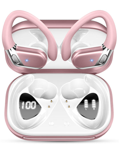 Buy now Ltinist Wireless Earbud, Bluetooth 5.3 Headphones Pure Bass Sound with Earhooks, 75H Battery Over Ear Headphones with Dual-LED Display, IP7 Waterproof Earphones Built-in Microphone for Running Sports Pink at indiglob india