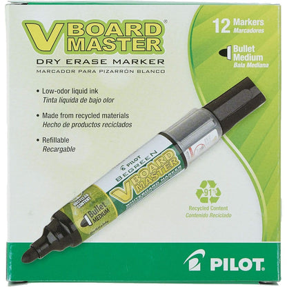 PILOT V Board Master BeGreen Refillable Dry-Erase Markers, Bullet Tip, Black Ink, 12 Count
