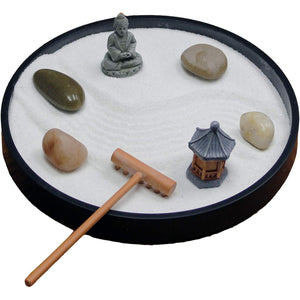 Nature's Mark Mini Zen Garden Kit for Desk with Rake, White Sand, Black Round Base, Miniature Pagoda Figure, River Rocks and Miniature Buddha Figure (6Lx6W Round B)