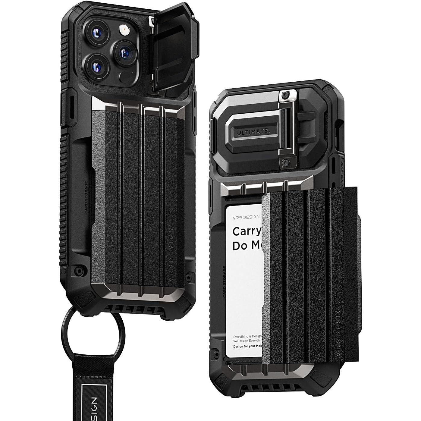 VRS DESIGN Damda Glide Ultimate for iPhone 15 Pro Max (2023), Premium Sturdy Fully Covered Camera Lens Protection Wallet Case with Multi-Functional Strap (Matte Black)