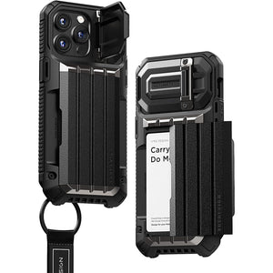 VRS DESIGN Damda Glide Ultimate for iPhone 15 Pro Max (2023), Premium Sturdy Fully Covered Camera Lens Protection Wallet Case with Multi-Functional Strap (Matte Black)