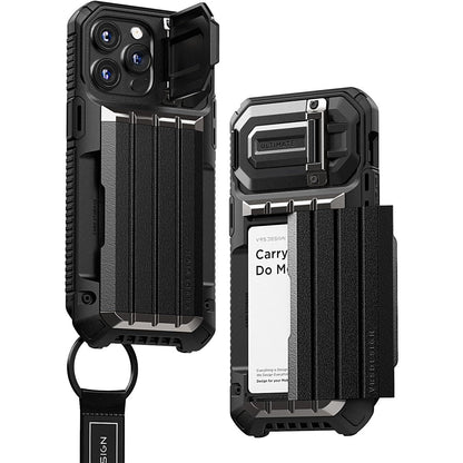 VRS DESIGN Damda Glide Ultimate for iPhone 15 Pro Max (2023), Premium Sturdy Fully Covered Camera Lens Protection Wallet Case with Multi-Functional Strap (Matte Black)