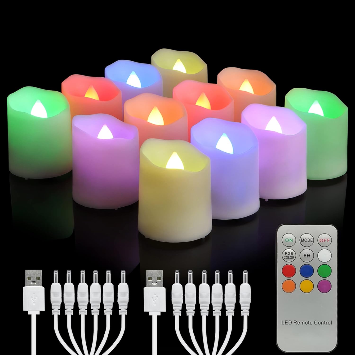 Buy now Rechargeable Flameless Tea Lights Candles with Timer & Remote, 12pcs Flickering LED Votive Candles with 2 USB Charging Cables, Warm White Light Electric Fake Candle for Home, Halloween Xmas Decor 12PCS Colorful at indiglob india