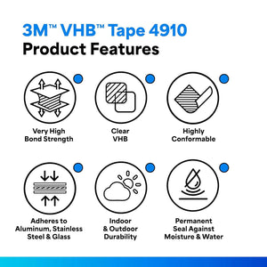 3M 4910 VHB Mounting Tape, Acrylic Foam, Permanent Bonding, Heavy Duty, Clear, 0.5 in x 5 yd, 1 Roll - My Store